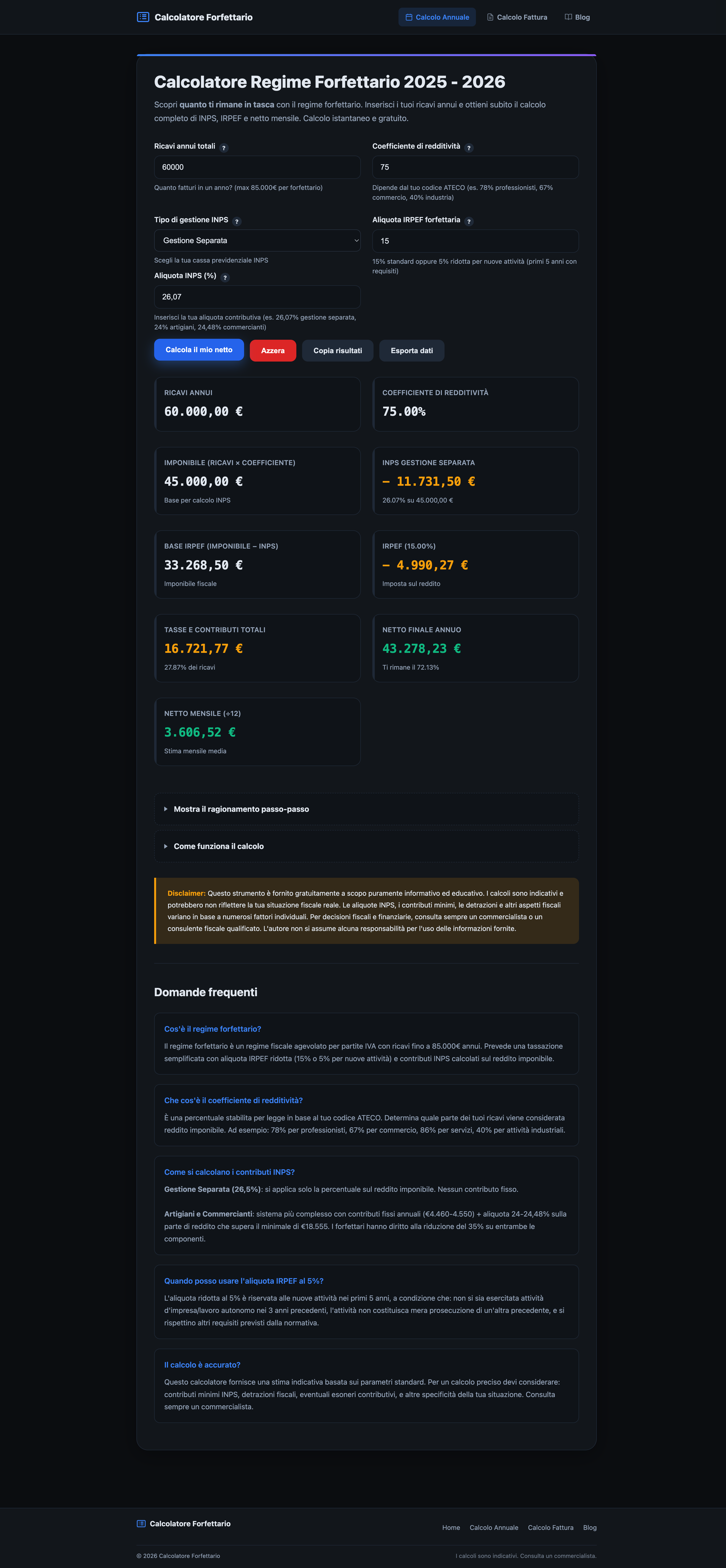 Calcolo tasse regime forfettario - Screenshot del Calcolatore Annuale