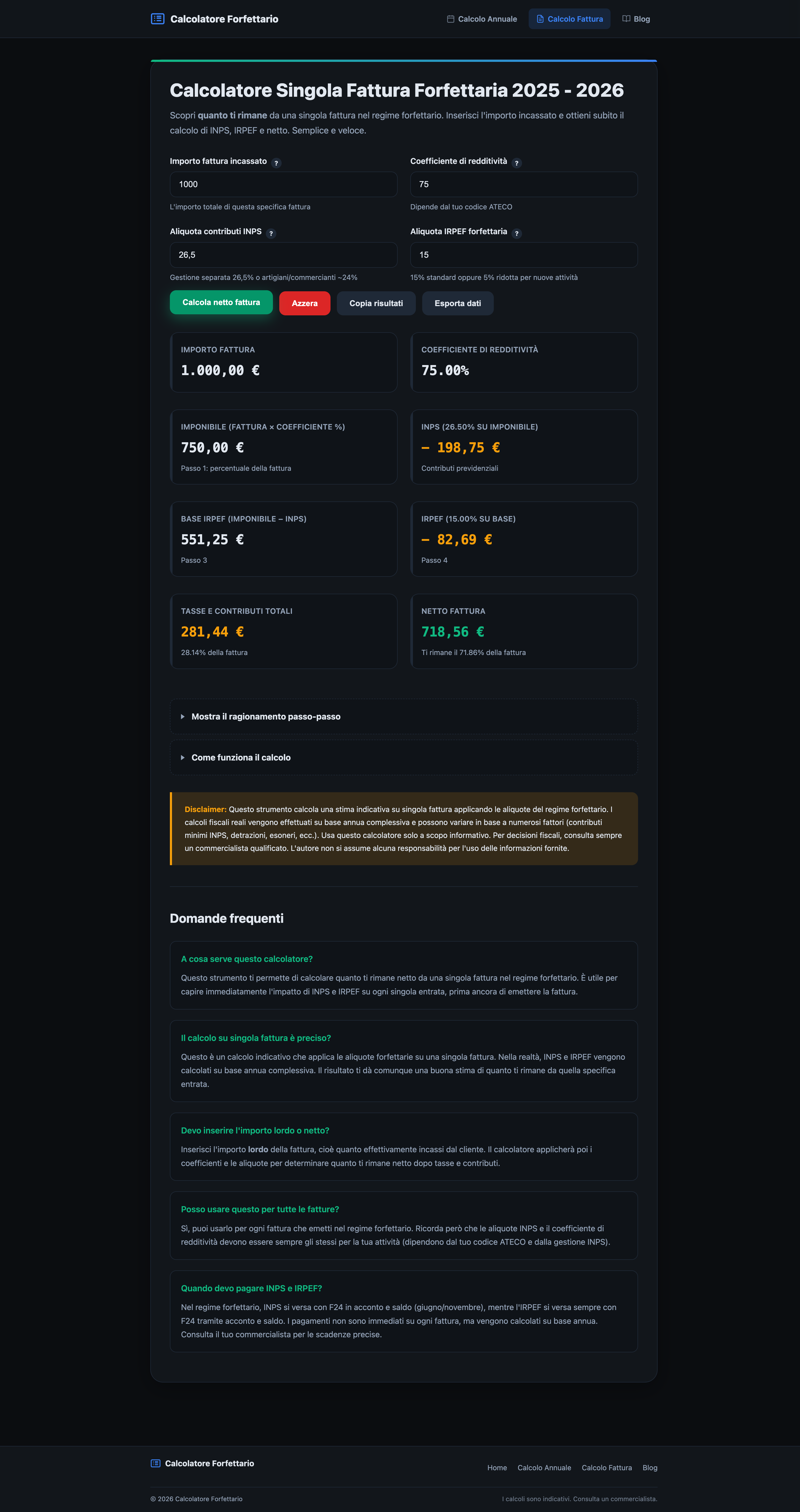 Calcolo tasse forfettario su fattura - Screenshot del Calcolatore